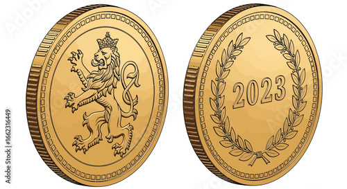 Gold Coins Displaying 2023 Lion Emblem, Business Event, Financial Investment, Graphic Design, Vibrant Environment, Close-Up Perspective