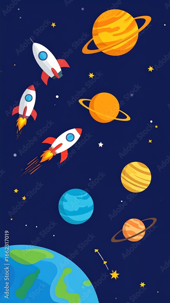 Naklejka premium Colorful rockets and planets in space