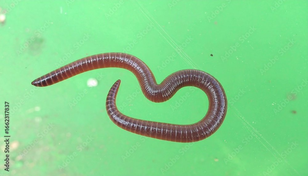 Fototapeta premium Macro photograph of a single reddish-brown earthworm coiled on a vibrant green surface