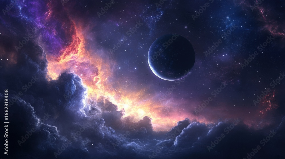 Fototapeta premium Colorful celestial clouds and a distant planet in a vibrant cosmic expanse.