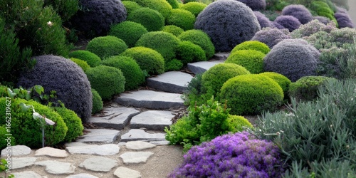 Lush green garden landscaping with a shapely topiary hedge, a flowering bush, and a curving path under the summer sky