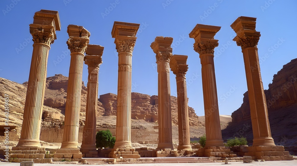 Fototapeta premium Ancient Stone Columns Temple Ruins Desert Landscape