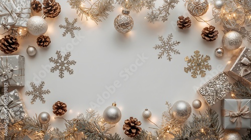 Flat lay of christmas decorations, gift boxes, pine cones, warm lights, white background, cozy and festive mood