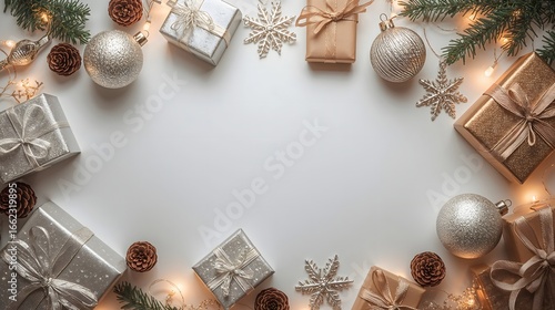 Flat lay of christmas decorations, gift boxes, pine cones, warm lights, white background, cozy and festive mood