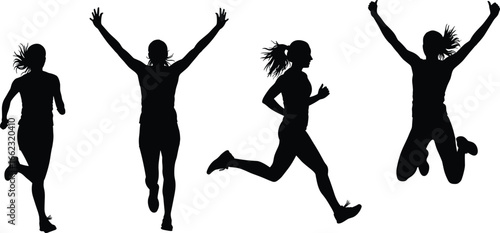 Athlete silhouette set, running jumping celebrating poses, black vector illustration, sports movement icons, fitness activity clipart, dynamic motion graphics