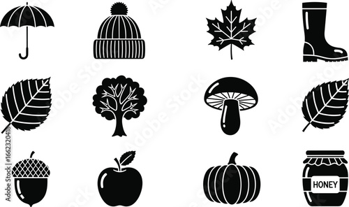 Autumn icon set, fall season symbols, black and white vector illustration, nature objects, cozy weather clipart, CAD drawing