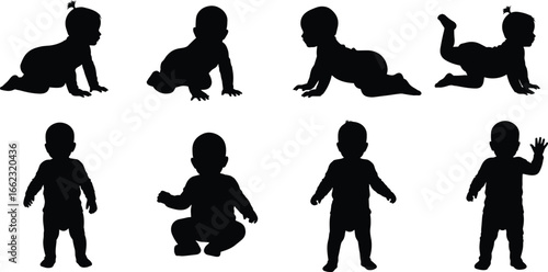 Baby silhouette set, crawling sitting standing poses, black vector illustration, infant development icons, parenting clipart, toddler movement graphics