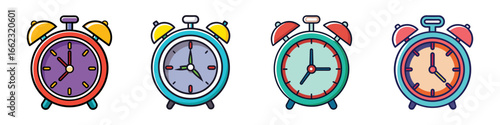 A row of four colorful cartoon alarm clocks showing different times