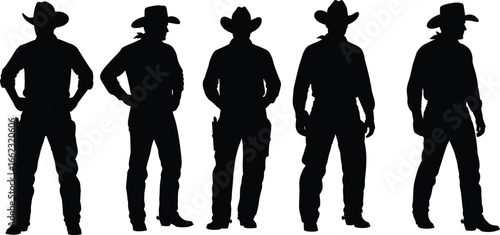 Cowboy silhouette set, Western poses with hats boots holsters, black vector illustration, Americana icons, wild west clipart graphics