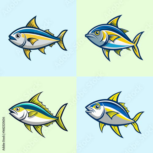 Vector art of four tuna fish swimming in different directions on a pastel background