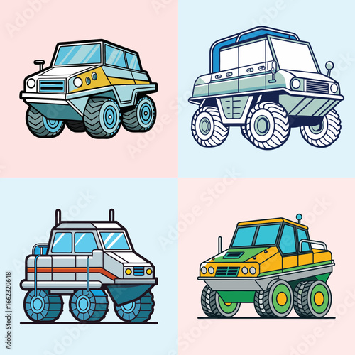 Cartoon illustrations of colorful off-road trucks-Collection of cartoon-style off-road vehicles with oversized wheels, shown in bright colors, representing adventure, exploration, and rugged outdoor -