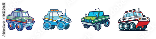 Cartoon illustrations of colorful off-road vehicles-Set of cartoon-style off-road vehicles with big wheels, designed in bright colors, representing adventure, transport, exploration, and outdoor trave