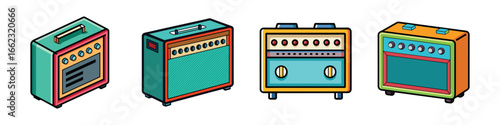 Cartoon illustrations of colorful guitar amplifiers-Set of cartoon-style guitar amplifiers in bright colors, representing music equipment, rock concerts, sound systems, and musical instrument accessor