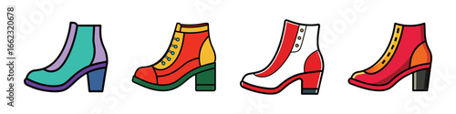 Cartoon illustrations of colorful fashion boots-Set of cartoon-style boots in bright colors and unique designs, representing trendy footwear for fashion, outfits, and stylish dressing.