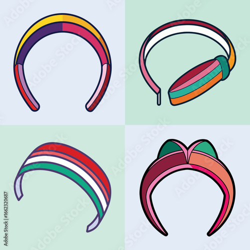 Cartoon illustrations of colorful headbands for fashion-Collection of cartoon-style headbands in bright colors and patterns, representing stylish hair accessories for girls, fashion, and playful looks