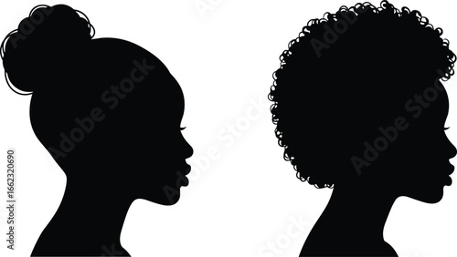 Female profile silhouette set, bun and curly hair styles, black vector illustration, hairstyle icons, beauty identity clipart