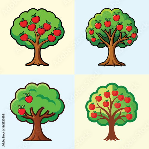 Cartoon illustrations of apple trees with ripe fruit-Collection of cartoon-style apple trees bearing red apples, symbolizing harvest, farming, gardening, and fresh organic fruit in nature scenes.