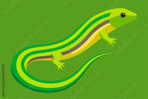 A macro close-up of a green chameleon reptile with a curled tail on a brown branch