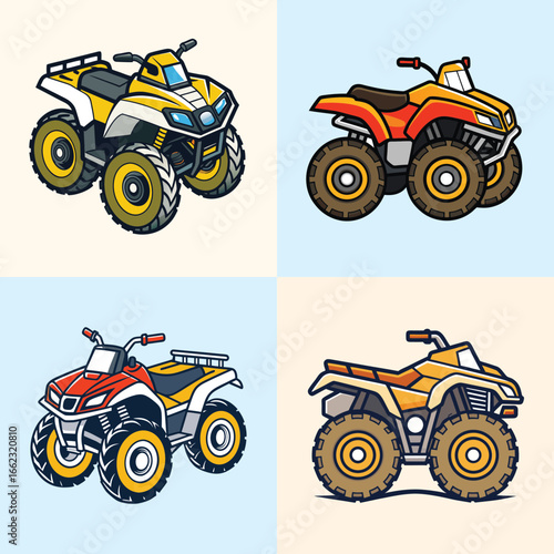 Colorful cartoon illustration of four wheel ATVs-Set of cartoon style all terrain vehicles with rugged wheels and bold colors, symbolizing adventure, outdoor sports, and off road fun.