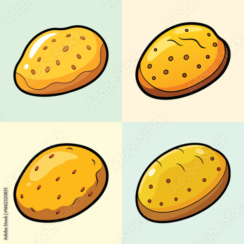 Cartoon potato illustration set with yellow skin-Collection of four cartoon-style potato illustrations in bright yellow shades, ideal for food, farming, cooking, or vegetable-themed designs.