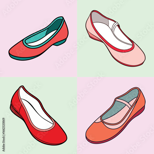 Colorful women’s flat shoes cartoon illustration set-Collection of four cartoon-style women’s flat shoe illustrations in red and pink tones, ideal for fashion, footwear, or style graphics.