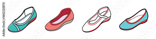 Cartoon flat shoes illustration set-Collection of four cartoon-style flat shoe illustrations in different colors and designs, perfect for fashion, footwear, or style graphics.