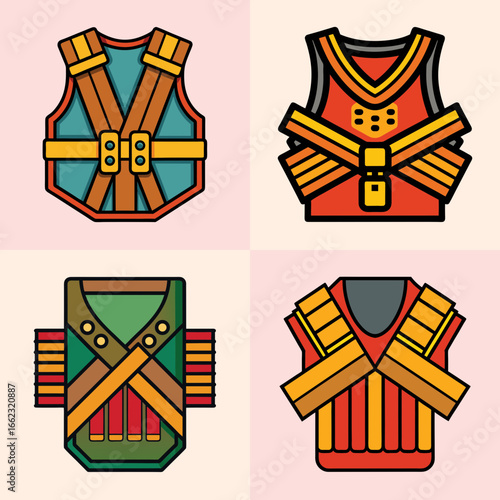 Cartoon tactical vest illustration set-Collection of four colorful cartoon-style tactical vest illustrations with belts and straps, ideal for gaming, military, or adventure themes.