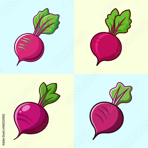 Cartoon beetroot vegetables with green leaves illustration-Set of four cartoon beetroots with green leaves in bright colors, perfect for food design, healthy eating, and farm-inspired graphics.  