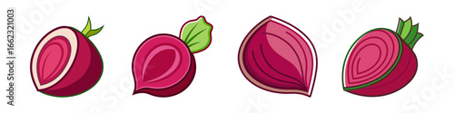 Cartoon beetroot and onion vegetable illustrations-Set of cartoon style red beets and onions in sliced and whole forms, ideal for food design, cooking graphics, and healthy concepts.