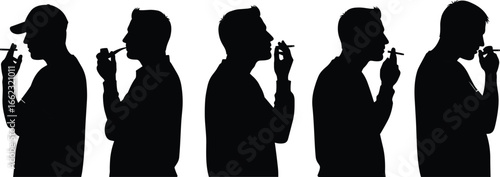 Smoking silhouette vector set, cigarette profile illustration, black human shapes, social habit clipart, CAD drawing flat vector illustration