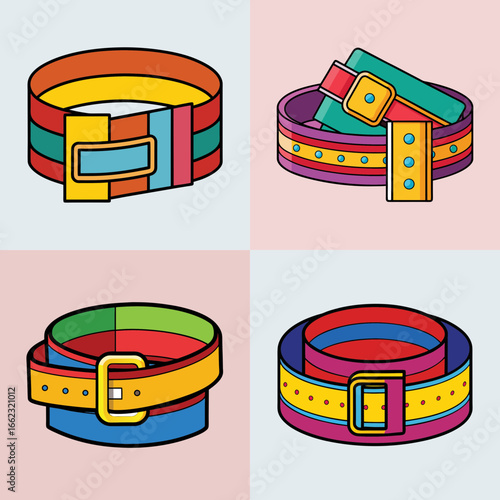 Cartoon colorful belts with buckles collection-Set of four cartoon belts in bold multicolor designs with buckles, perfect for fashion concepts, playful graphics, and creative illustrations.