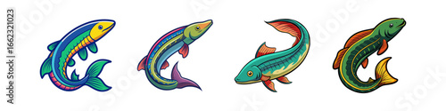 Collection of colorful trout fish illustrations-Set of four illustrated trout fish in vibrant colors, representing freshwater wildlife, fishing, aquatic species, and nature artwork.