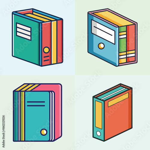 Set of colorful binder and folder illustrations-Collection of four illustrated binders in bright colors, representing office organization, study materials, and document storage for school or work.