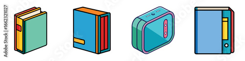 Collection of colorful book and binder illustrations-Set of four illustrated books and binders in bright colors, representing education, reading, study materials, and office organization.