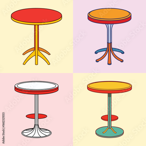 Set of colorful round table illustrations-Collection of four round table drawings in bright colors and varied designs, representing furniture, interior decor, and modern style.