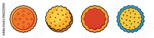 Set of colorful cookie biscuit illustrations-Collection of four round cookie and biscuit drawings in different colors, representing snacks, desserts, and sweet baked food items.