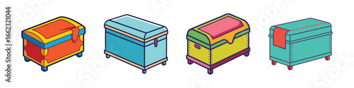Colorful treasure chest icons collection-Set of four illustrated treasure chests in bright colors, representing storage, valuables, adventure, and fantasy game design elements.