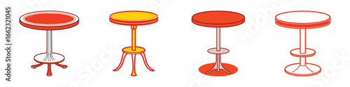 Collection of round bar stool illustrations-Set of four illustrated bar stools in different designs and colors, representing modern furniture, seating, and interior decor elements.  
