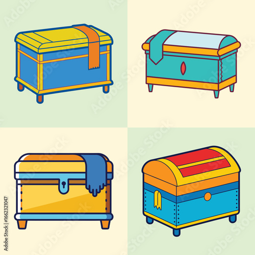 Set of colorful treasure chest illustrations-Collection of four illustrated treasure chests in vibrant colors, representing storage, adventure, valuables, and fantasy game design elements.