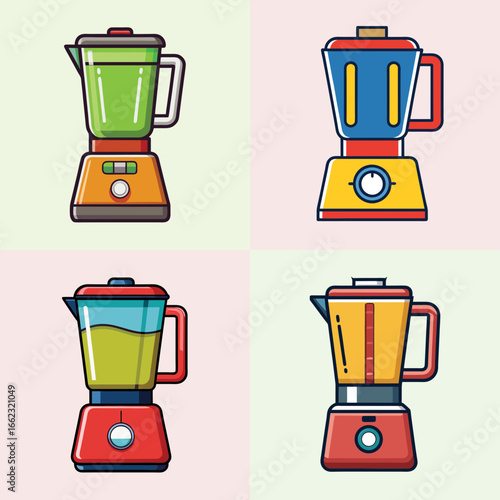 Collection of colorful kitchen blender icons-Set of four illustrated kitchen blenders in bright colors, representing food preparation, smoothie making, and modern cooking appliances.