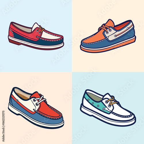 Set of colorful boat shoe illustrations-Collection of four stylish boat shoe drawings in vibrant colors, representing casual summer footwear, nautical fashion, and lifestyle design.