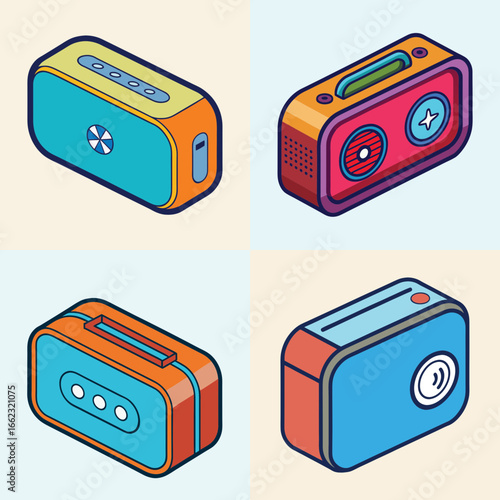 Colorful portable speaker icons set-Collection of four illustrated portable speakers in vibrant colors, symbolizing music, sound technology, and modern wireless audio devices.