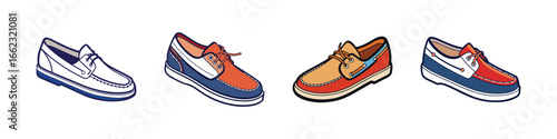 Colorful boat shoes icons collection-Set of illustrated boat shoes in different colors and styles, representing casual fashion, summer footwear, and nautical lifestyle.-
