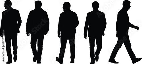 Walking silhouette set, human gait vector illustration, casual business attire poses, motion study icons, CAD drawing flat clipart