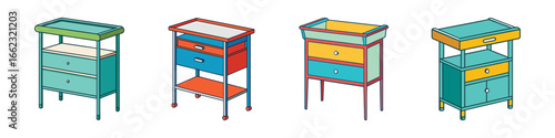 Cartoon vector icons of colorful storage cabinets-Set of four cartoon-style colorful drawer cabinets with open shelves, perfect for furniture, home storage, and interior design concepts.