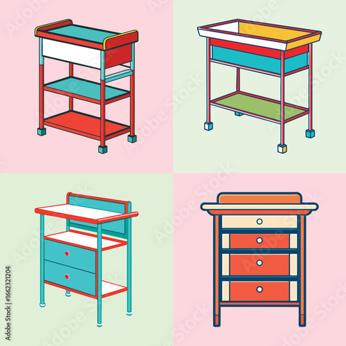 Cartoon vector set of colorful storage carts and cabinets-Four cartoon-style illustrations of colorful rolling carts and drawer cabinets, ideal for interior design, storage, and furniture concepts.