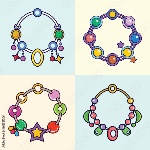 Cartoon vector collection of colorful charm bracelets-Set of four vibrant cartoon-style charm bracelets with decorative beads, stars, and playful pendants in a colorful vector design.