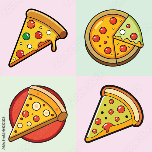 Cartoon vector set of pizza slices and whole pies-Four colorful cartoon-style illustrations of pizza slices and full pizzas with cheese, toppings, and crispy crust in vector format.