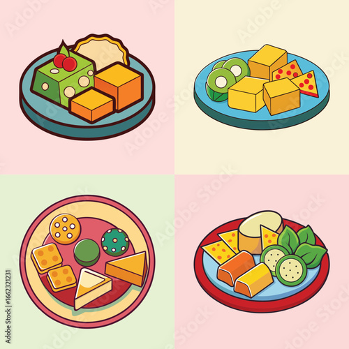 Cartoon vector set of assorted cheese platters-Collection of four cartoon-style cheese platter illustrations with crackers, fruits, and herbs on colorful plates in vector format.