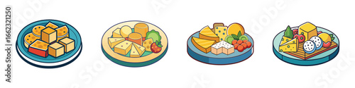 Cartoon vector icons of assorted dessert plates-Collection of four colorful cartoon dessert plates with various sweets including fruits, cakes, cheese, and pastries in vector style.